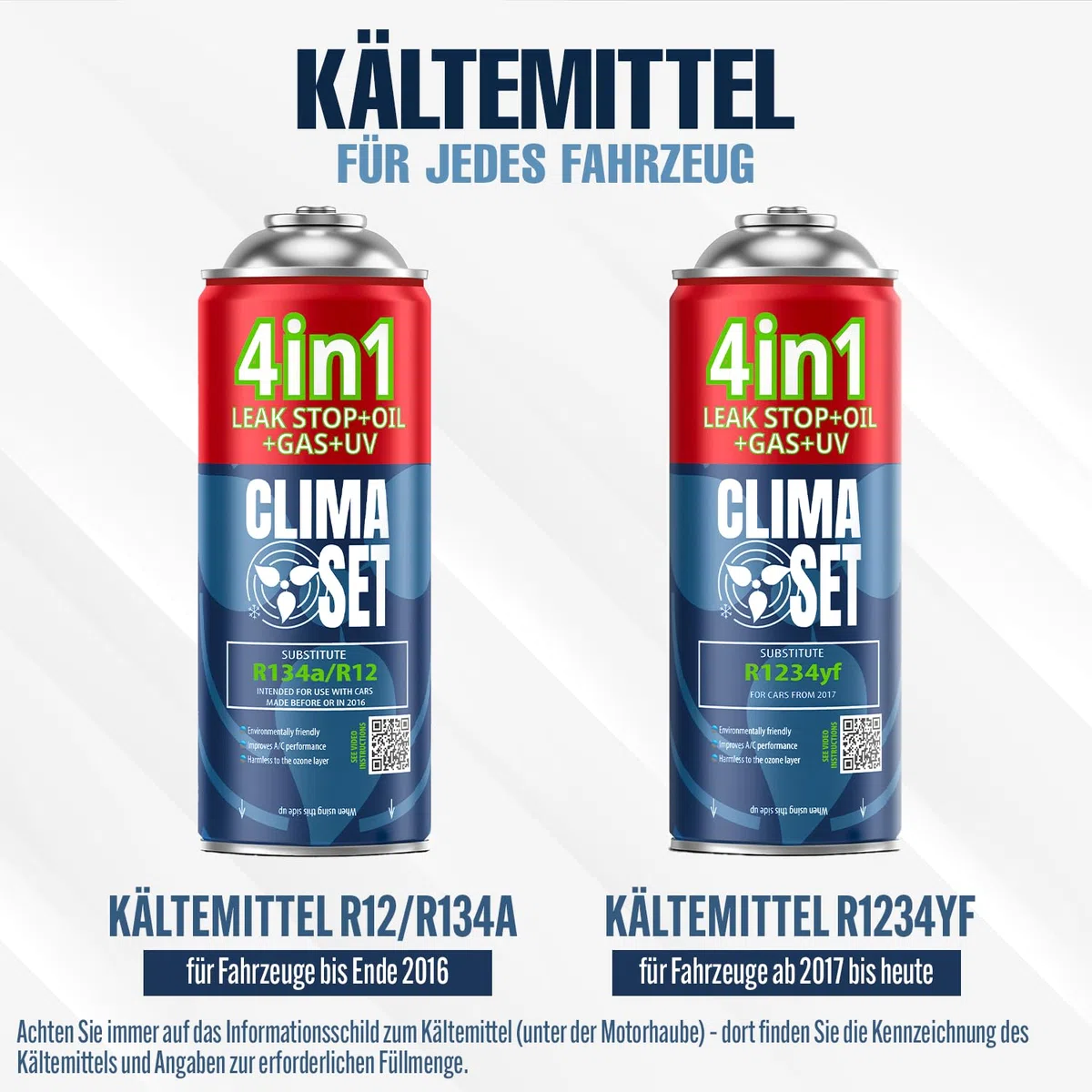 CLIMASET - Klimaanlage Auto Befüllen - Klima Auffüllen Auto Set - 2x 4in1 R134a + Schlauch - für Fahrzeuge 1994–2016, mit Modernem Schlauch & Manometer, Einfaches Nachfüllen