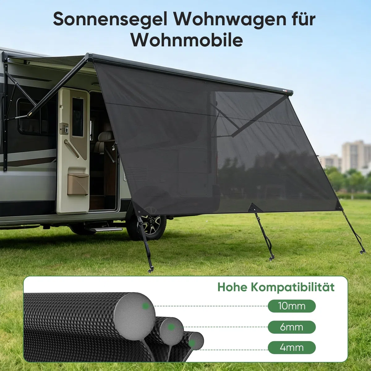 Sonnenschutz für Wohnmobil 2 x 3,3 m, Winddurchlässige und Sonnenschutz Markisenvorderwand 3 Keder mit Ø 4, 6 und 10 mm, Doppellagiges Netzgewebe Sun Blocker Wohnmobil Vorderwand
