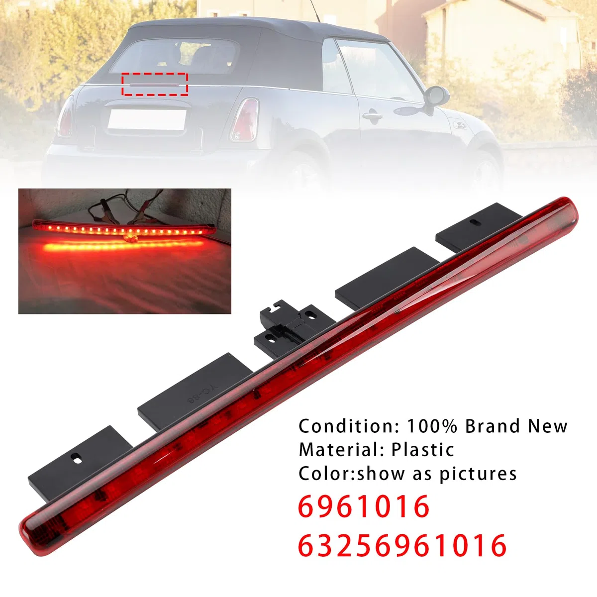 Dritte Bremsleuchte für Mini Cooper Cabrio R52 2003-2008,Ersatzteil 63256961016 6961016,Hintere Zentralleuchte Rot,Kunststoff Gehäuse Schwarz,Direkter Austausch