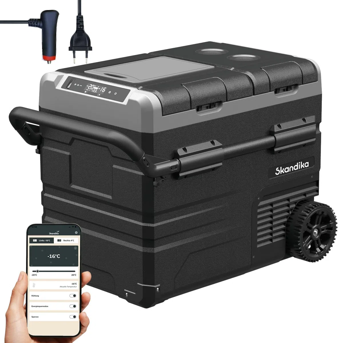 Skandika Auto-Gefrierbox 35 bis 55 L +10 ° bis -20 °C | Kompressor Kühlbox mit Trennwand, leise, Eco-Mode, mit 12 V Stecker oder Netzteil für Steckdose | Camping Kühlschrank für Auto, LKW, Bus, Camper