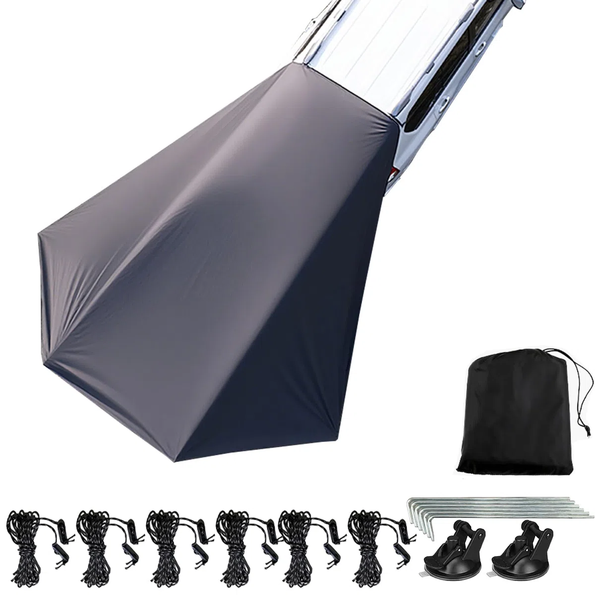 Schwarze Farbe Auto UV-Schutz Tarp, 280×380cm Silberne Beschichtung Vorzelt für SUV Seitentür und Hintertür, Wohnmobil-Markise Haben Zeltseile, Zeltnägel, Saugnapf, Aufbewahrungstasche