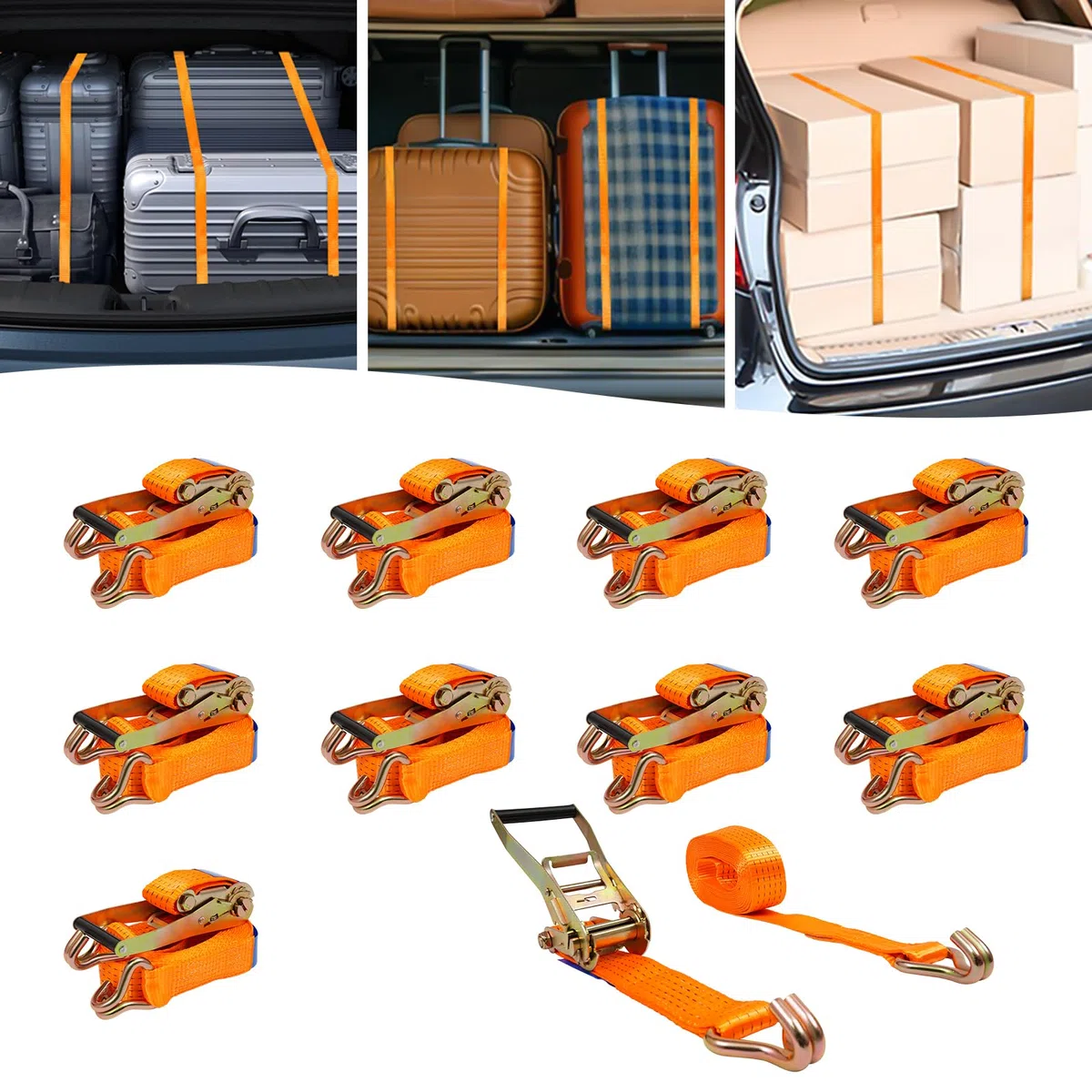 Spanngurte mit Haken, Ratschengurt 5CM x 6M, 10er Set，Orange | Belastbar bis 5000KG, Polyester, für Auto, Motorrad und Anhänger