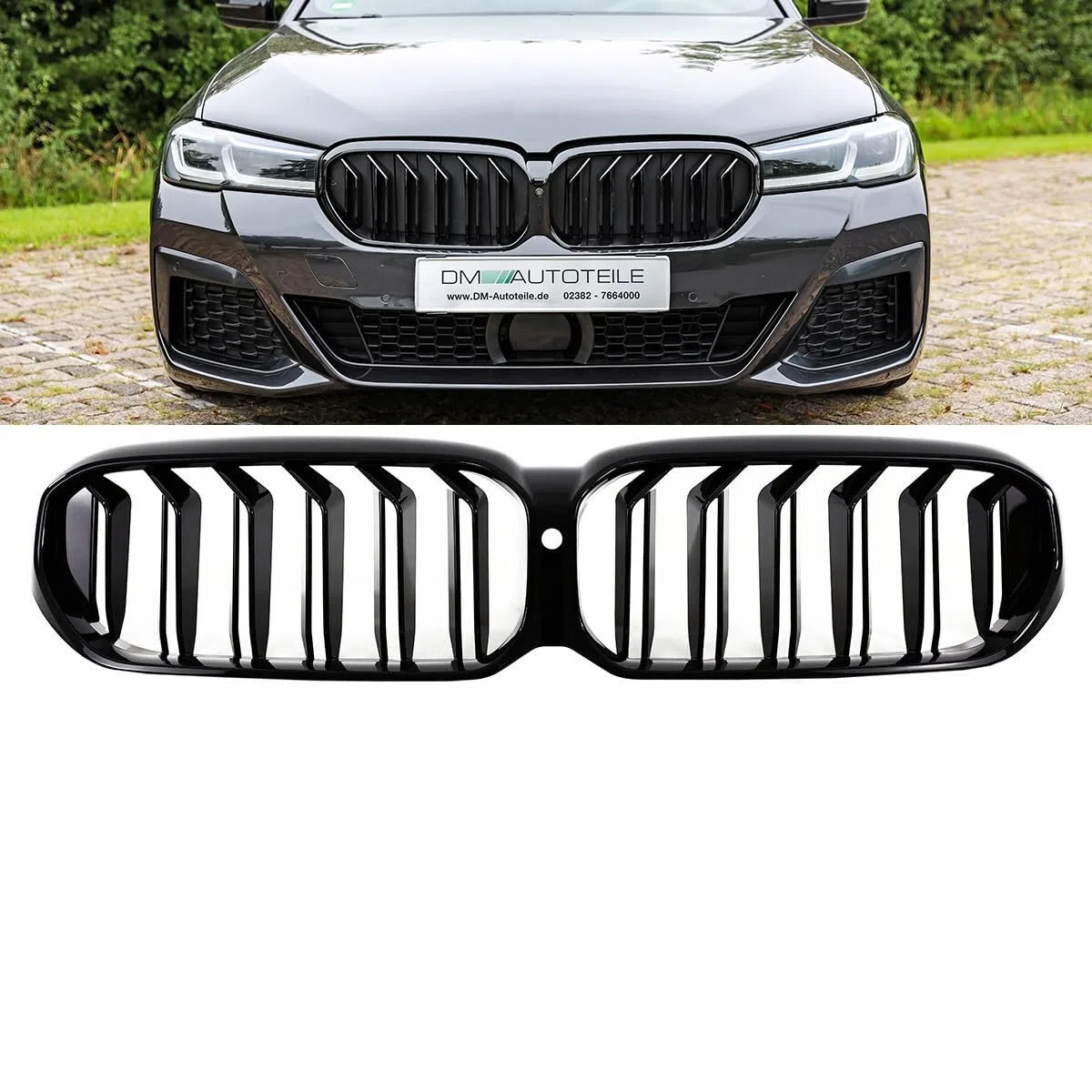 DM Autoteile Sport Doppelsteg Kühlergrill schwarz kompatibel für BMW 5er G30 G31 LCI Facelift mit Frontkamera