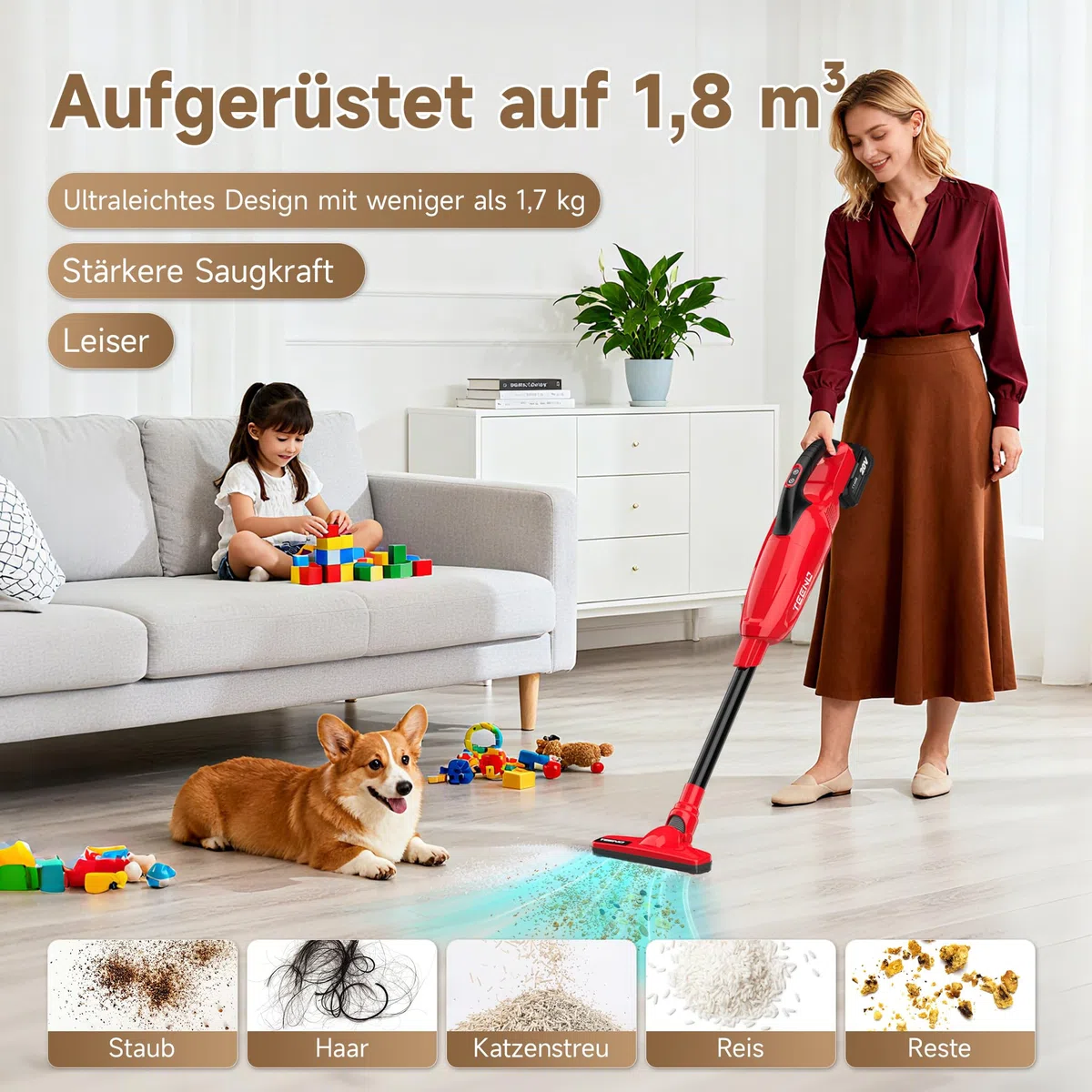 TEENO Akku Staubsauger Lithium 150W/13KPA mit 4Ah Li-Ion Akku für Haus, Auto, Büro & Sofa