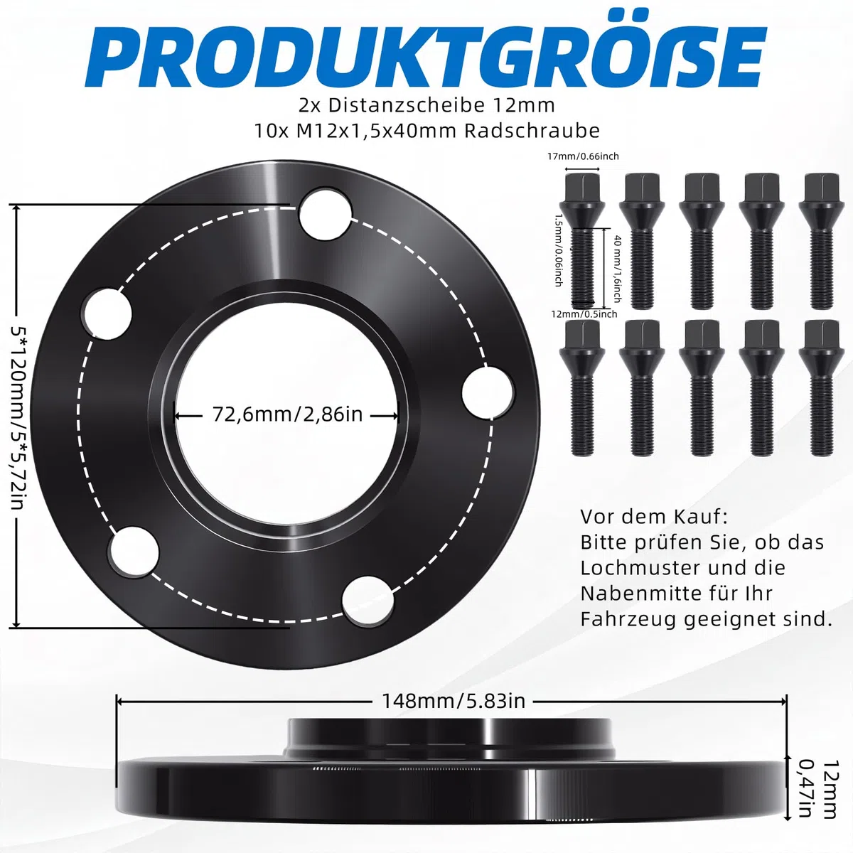 Radnaben-Distanzscheiben-Set, bestehend aus zwei 12-mm-Distanzscheiben, Lochkreis 5x120 mm, Mittenbohrungsdurchmesser 72,6 mm. Passend für BMW 3er E46, E90, E60 und Z4. (2x12mm 5x120 NLB:72.6)
