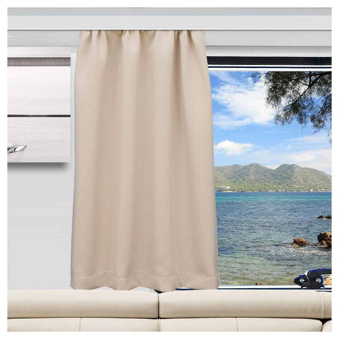 Wohnmobil-Gardine Mattis hellbeige | Maßgefertigter Verdunklungs-Vorhang mit Reihband | Hochwertiger Dekoschal für Caravan & Wohnwagen | Blickdichter Sichtschutz Höhe 80-120 cm x Breite 70–140 cm