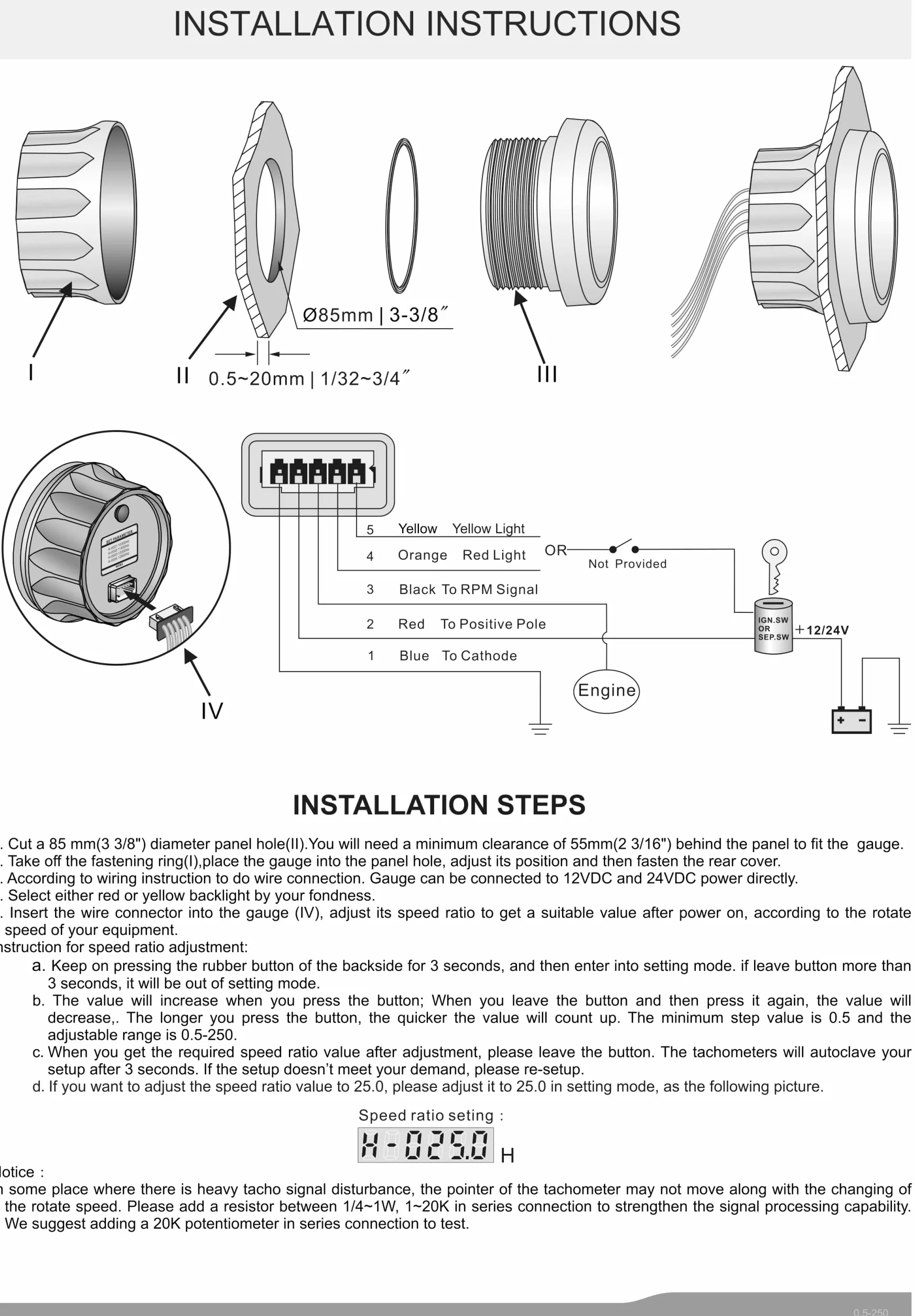 KUS Wasserdichte Drehzahlmesser Drehzahlmesser Mit Betriebsstundenzähler 3000 RPM 85mm 12 V / 24 V Mit Hintergrundbeleuchtung (Schwarz)