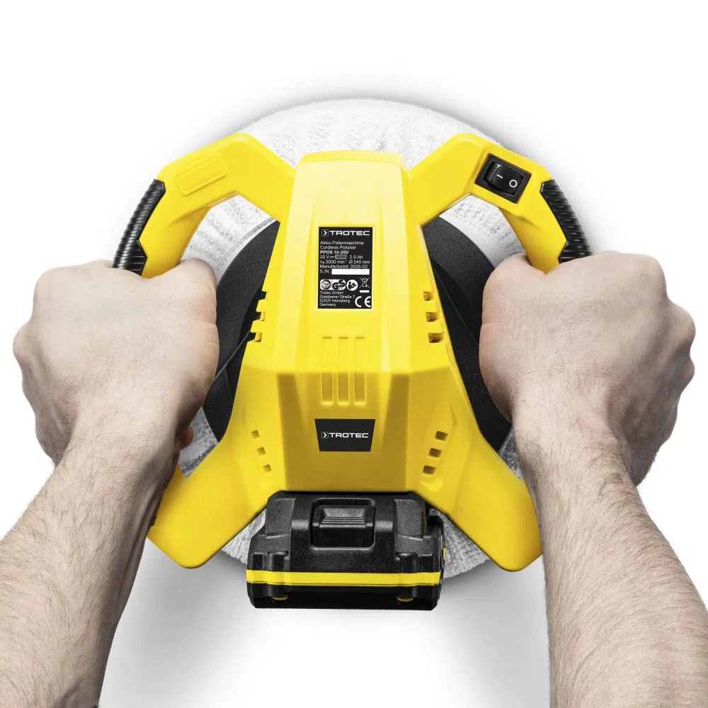 TROTEC Akku Poliermaschine PPOS 10‑20V – Autopoliermaschine 65 Watt, Multi Akku 20 V 2 Ah, Leistung 3.000 U/min, Polierteller-Ø: 245 mm, Autopolitur