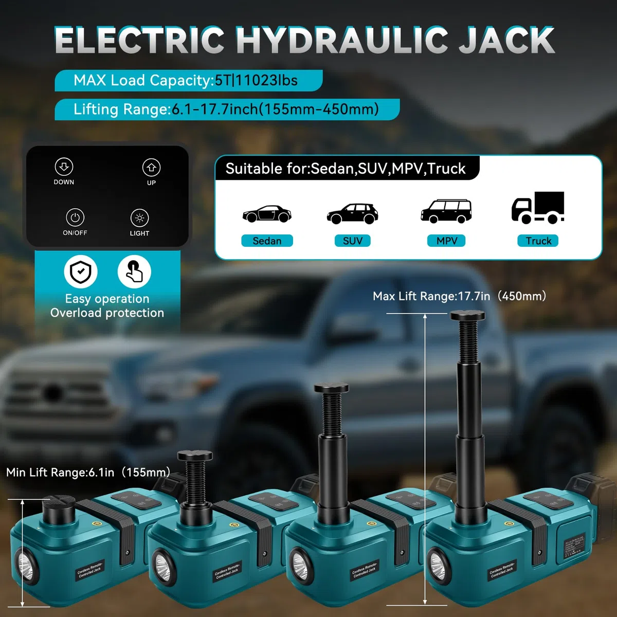 Elektrischer Wagenheber 5T Kompatibel mit Makita 18V | Akku Hydraulik Wagenheber mit Fernbedienung und LED-Licht, Hubbereich 15,5-45 cm für Auto, SUV und LKW, Ohne Batterie