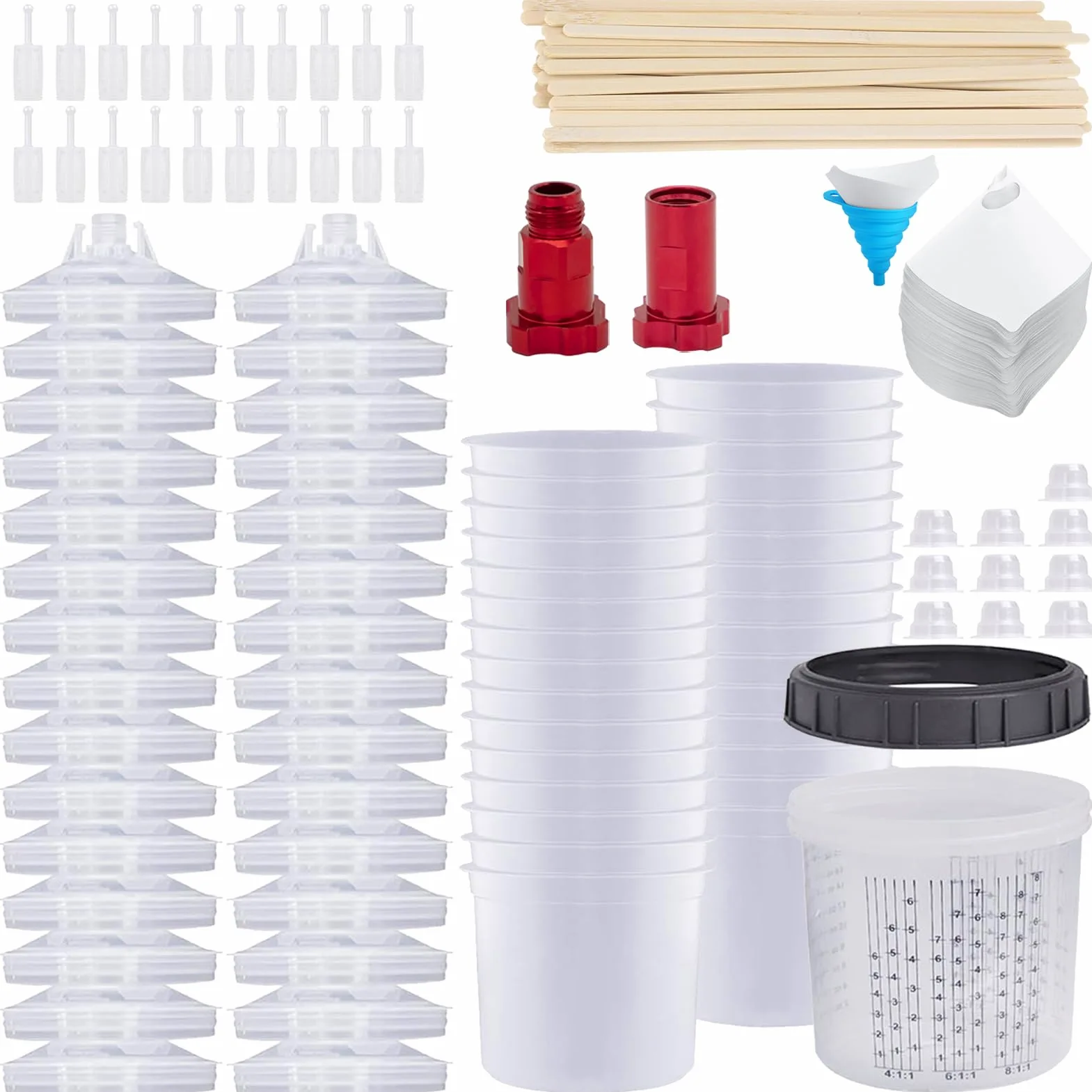 Einweg-Farbspritzpistolenbecher Set für HVLP- und LVLP-Lackierpistole, 600ML Lackmischbecher Kit mit 30 Bechern und Deckeln, 30 Filtern, 10 Stecker und 1 Hartbecher mit Haltering, 2 Cup Adapter