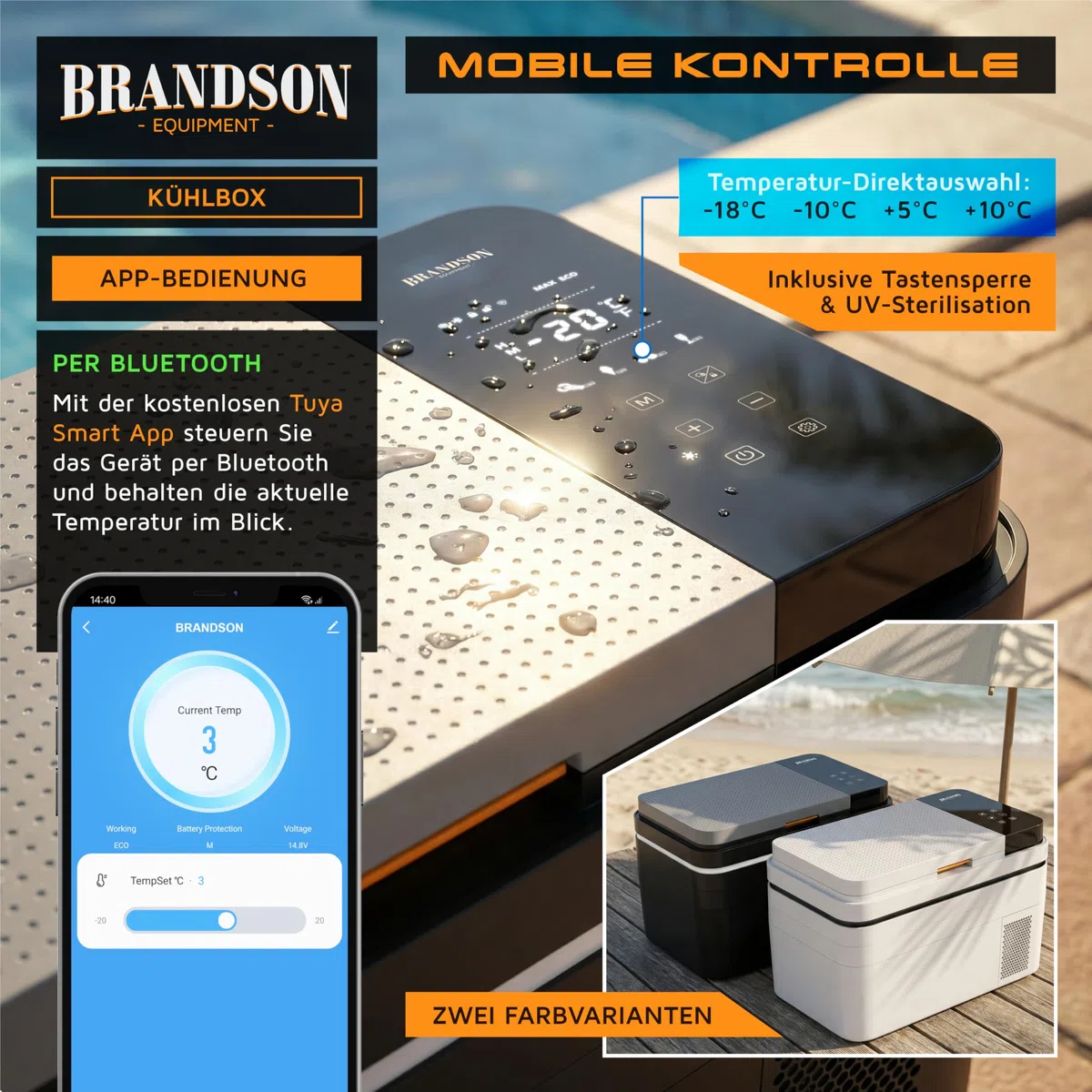 Brandson - Kühlbox elektrisch mit Kompressor – 30 Liter – App Steuerung Bluetooth Tuya Smart – Autokühlbox - 230 V und 12/24 V Gefrierbox Gefriertuhe bis -20°C – ECO Modus – Auto Camper LKW