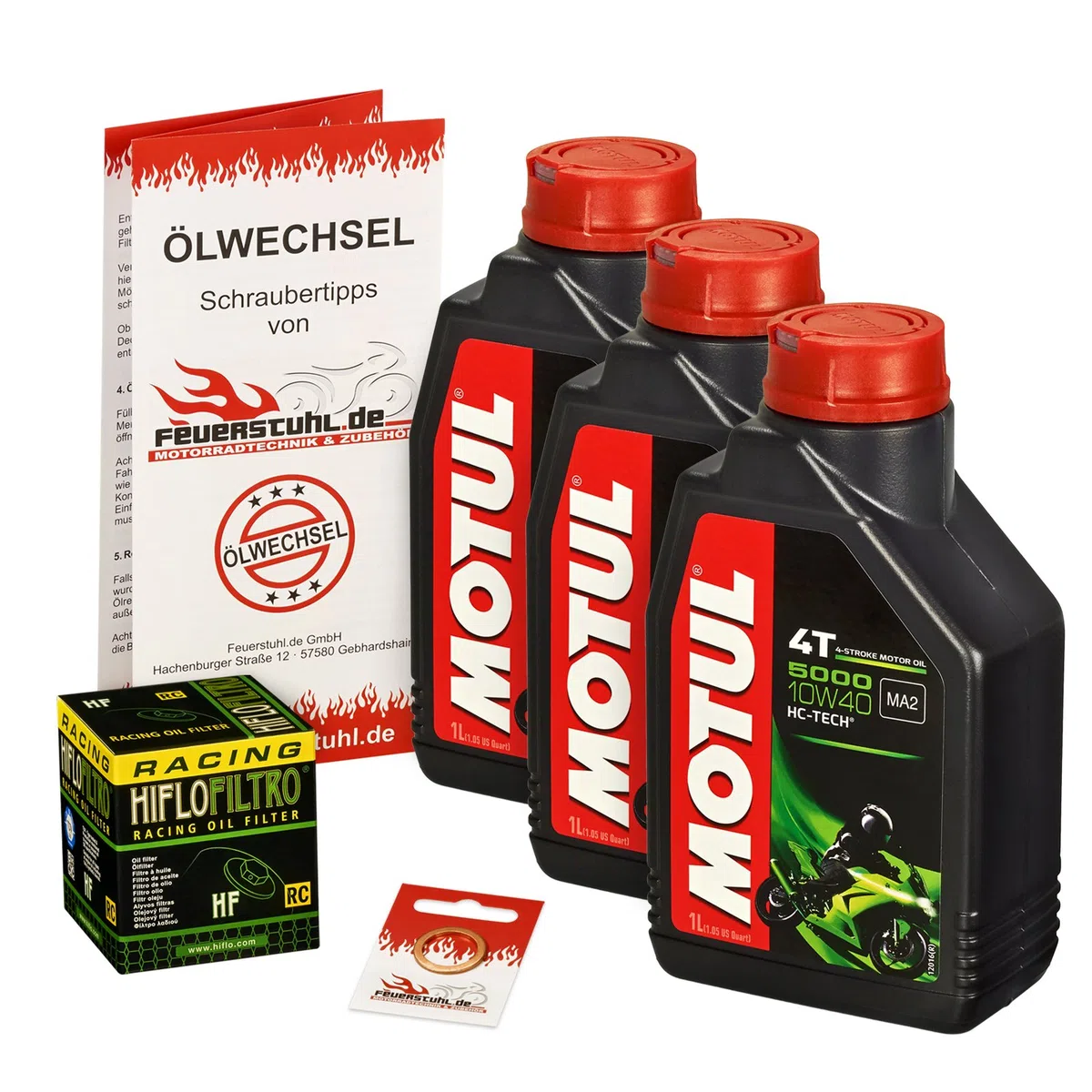 Motul 10W-40 Öl + HiFlo Ölfilter für Honda CB 650 F, 14-16, RC75 - Ölwechselset inkl. Motoröl, Racing Filter, Dichtring