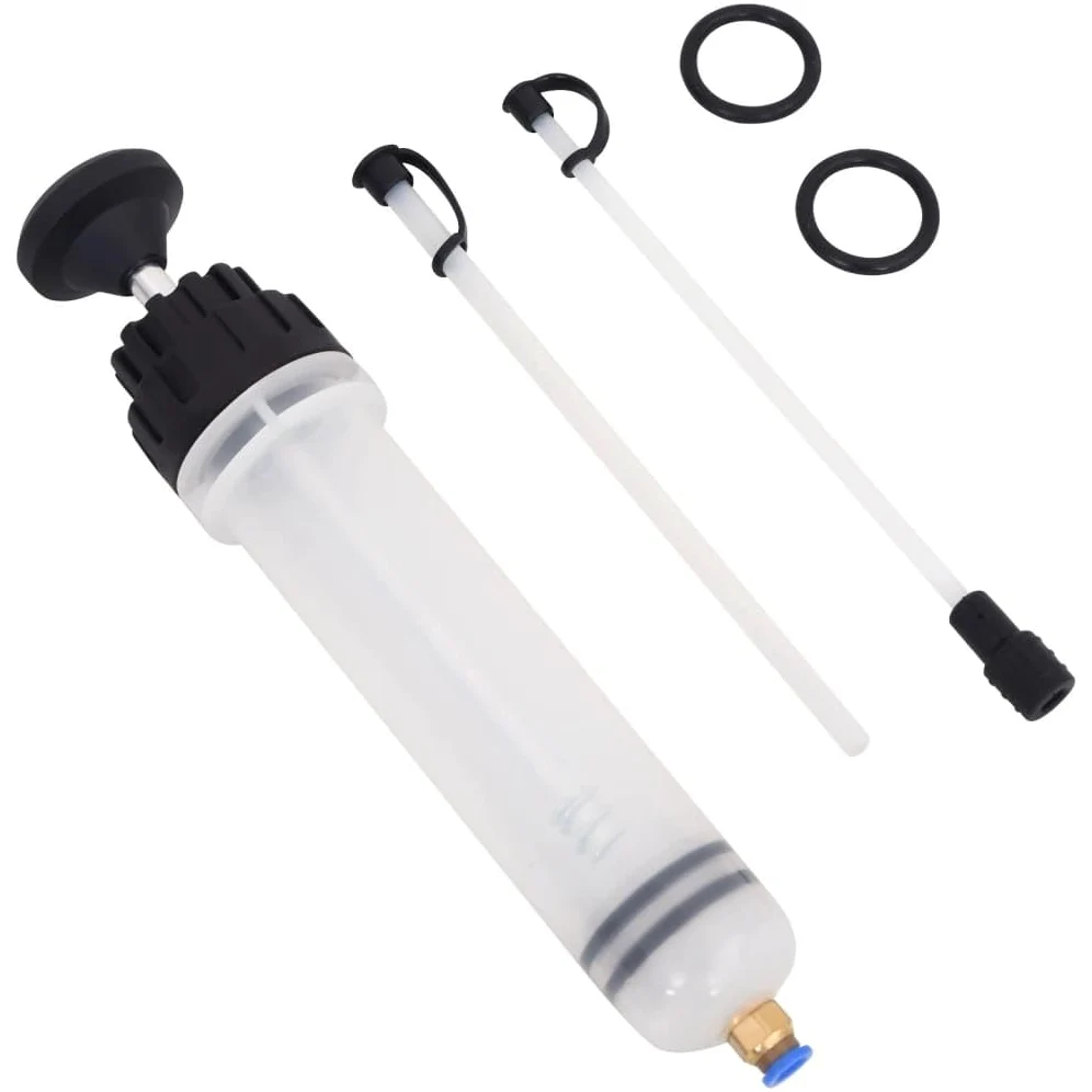 Bremsenentlüfter Weiß und Schwarz 0,2 L Handwerkzeug mit transparentem Ablassschlauch, kompakte Bremsflüssigkeit-Handpumpe 29,5 x 5,5 cm für Werkstatt, Garage und Heimwerkerbedarf