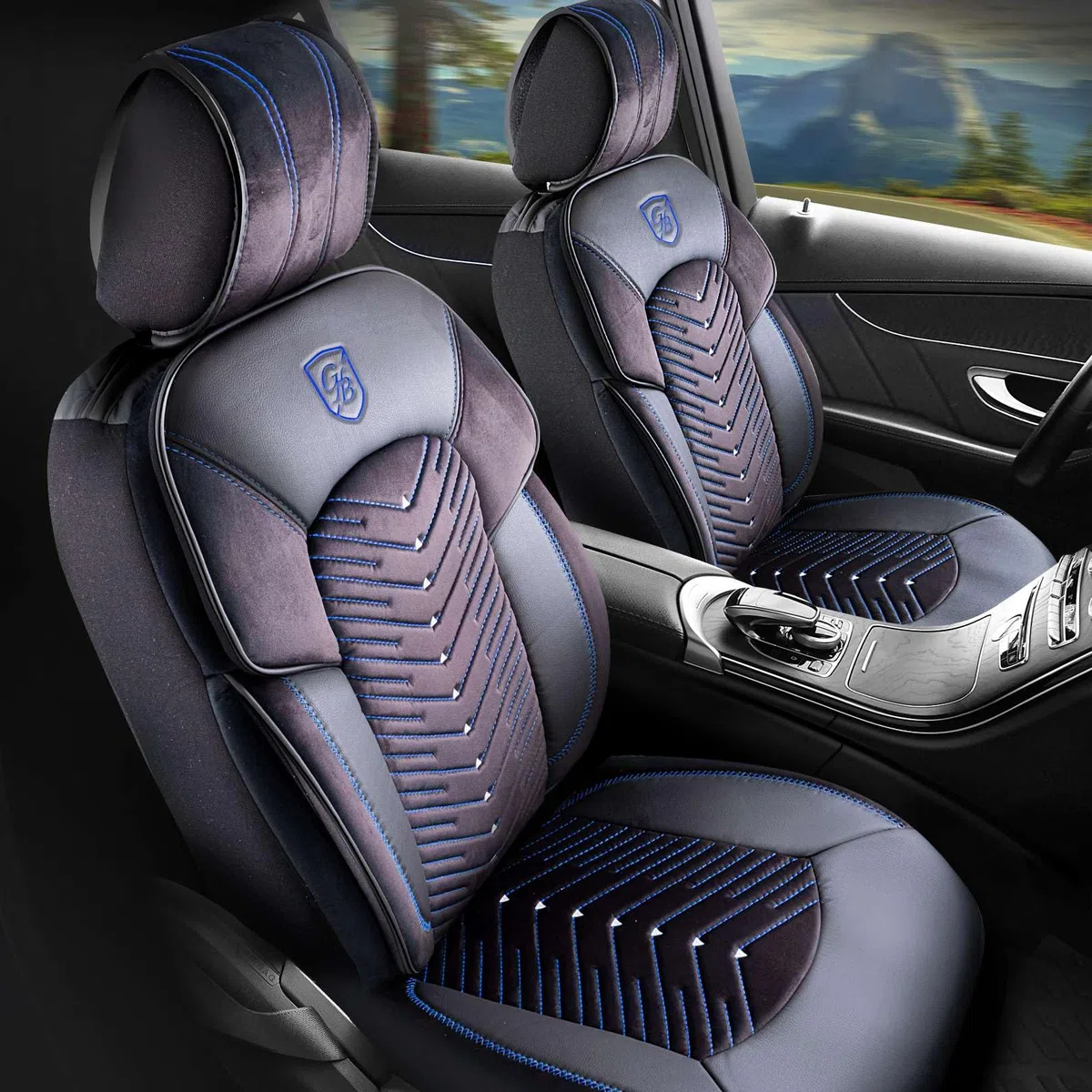 Autositzbezüge Universal für PKW & SUV – Premium Vordersitze Auto Sitzbezug aus Samt, Schwarz-Blau, Airbag-Kompatibel Sitzauflage, Autoschonbezug, Vordersitz-Set inkl. Montageset