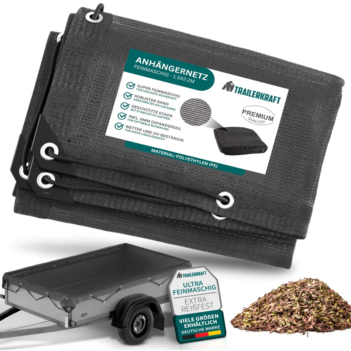 Anhängernetz Feinmaschig - Abdecknetz mit Gummiseil - zur Ladungssicherung - Transportnetz Netz für Anhänger, Ladungssicherungsnetz feinmaschig (Schwarz, 2x3m)