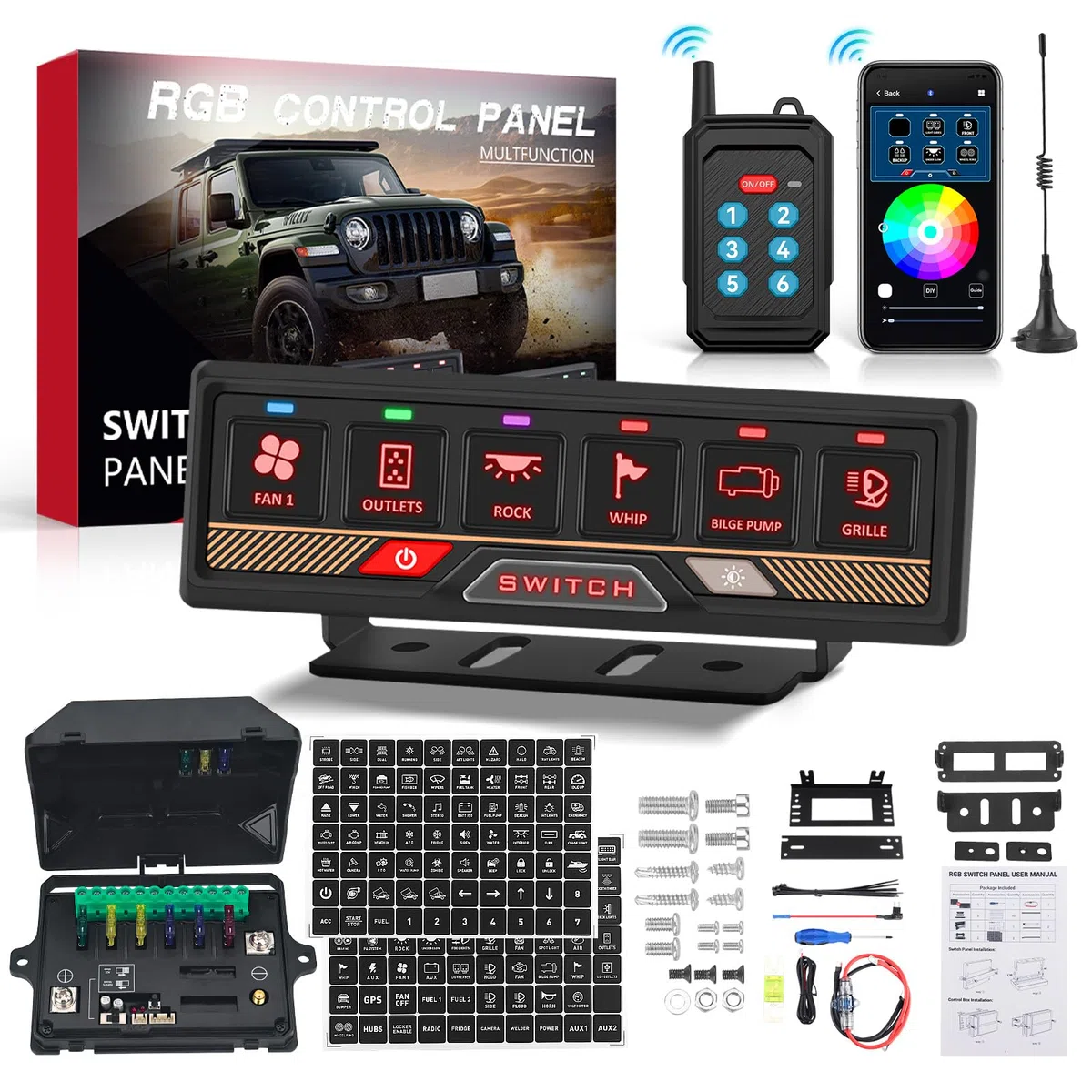 Chelhead 6 Gang RGB Schalterpanel mit App & Fernbedienung | Bluetooth App- und Fernbedienungssteuerung mit 70m Reichweite. 4 Lichtmodi, geeignet für 12V-24V Fahrzeuge