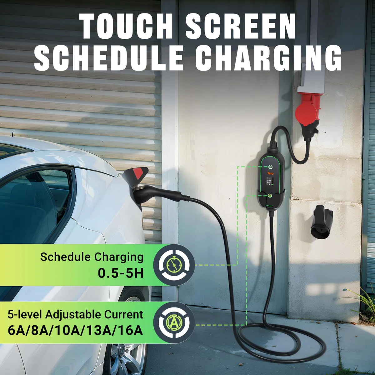 Tera Mobile Wallbox Typ-2 tragbar: 11kW 3-Phasig 6-16A 7,5m Ladekabel CEE 5 Pin EV Ladegerät 0,5-5h verzögertes Laden Einstellbarer Ladeleistung Ladegerätehalter für Elektroauto P03