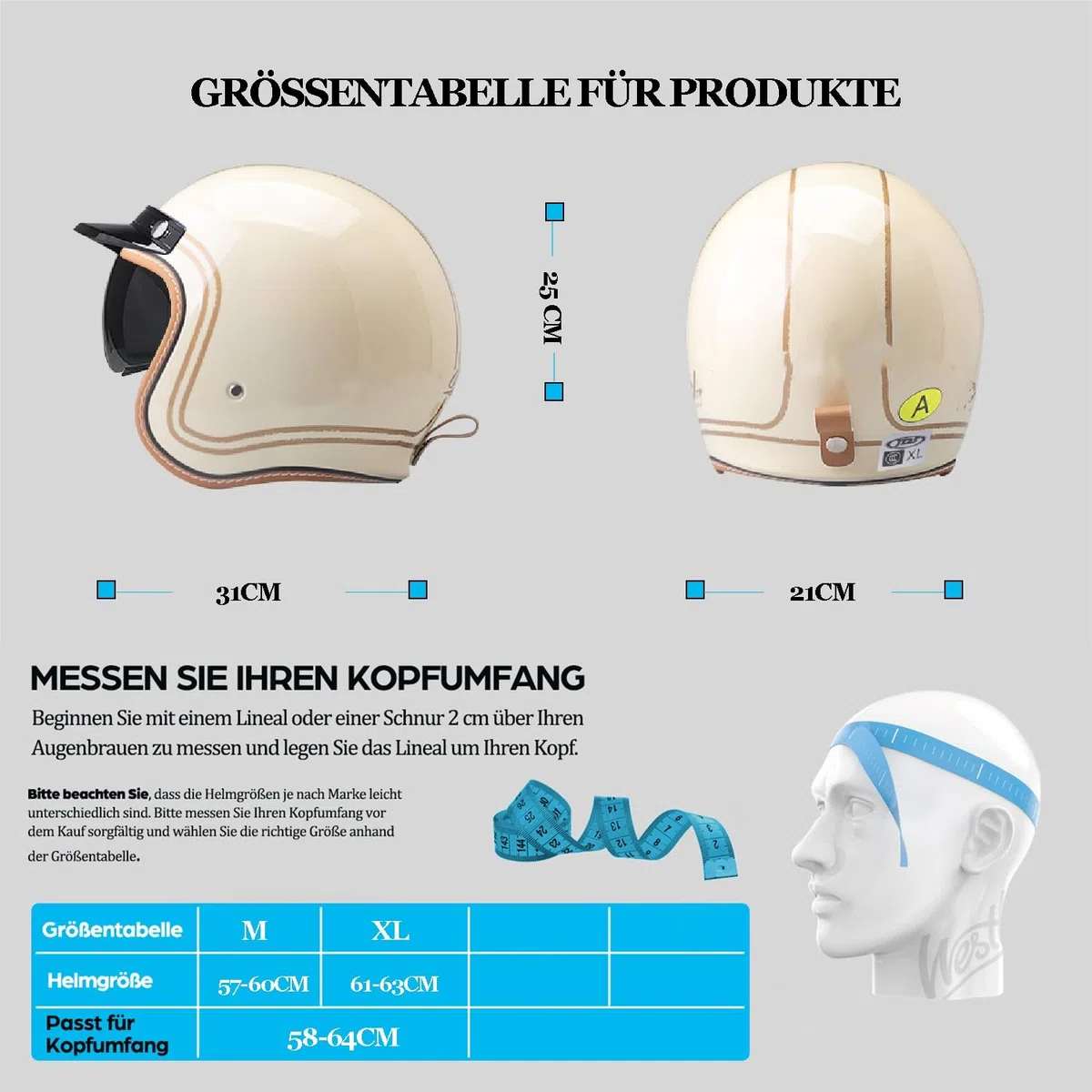 Retro 3/4 Motorrad Helm Jethelm Vintage-Roller-Helm, DOT/ECE-Zertifizierter Retro-Motorradhelm mit Doppelvisier, Jet-Helm Scooter-Helm für Damen und Herren, Leichter Moped-Helm
